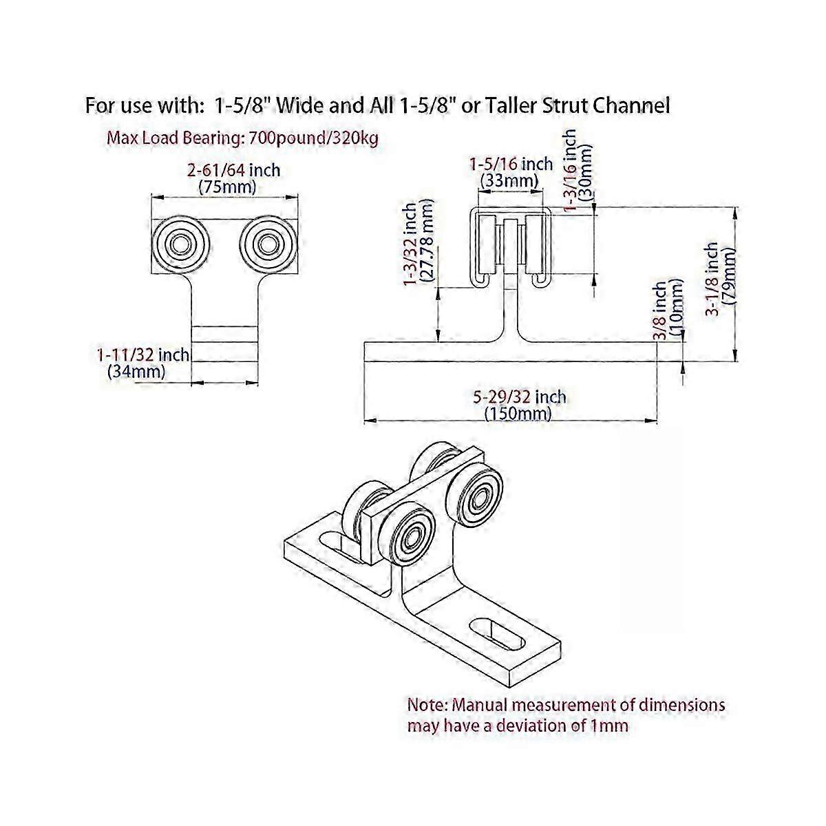 2Pcs 4 Wheel Trolley Assembly for 1-5/8In Wide Strut Channel, Load Capacity 900 lbs