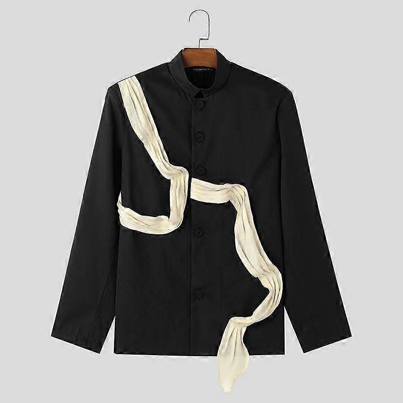 INCERUN Men Stand Neck Ruffled Patchwork Long Sleeve Buttons Up Blazer Coats