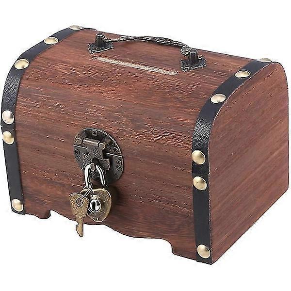 Retro Wooden Treasure Chest Storage Box, Organizing Coin Box Piggy Bank with Locks and Keys for Kids Adults