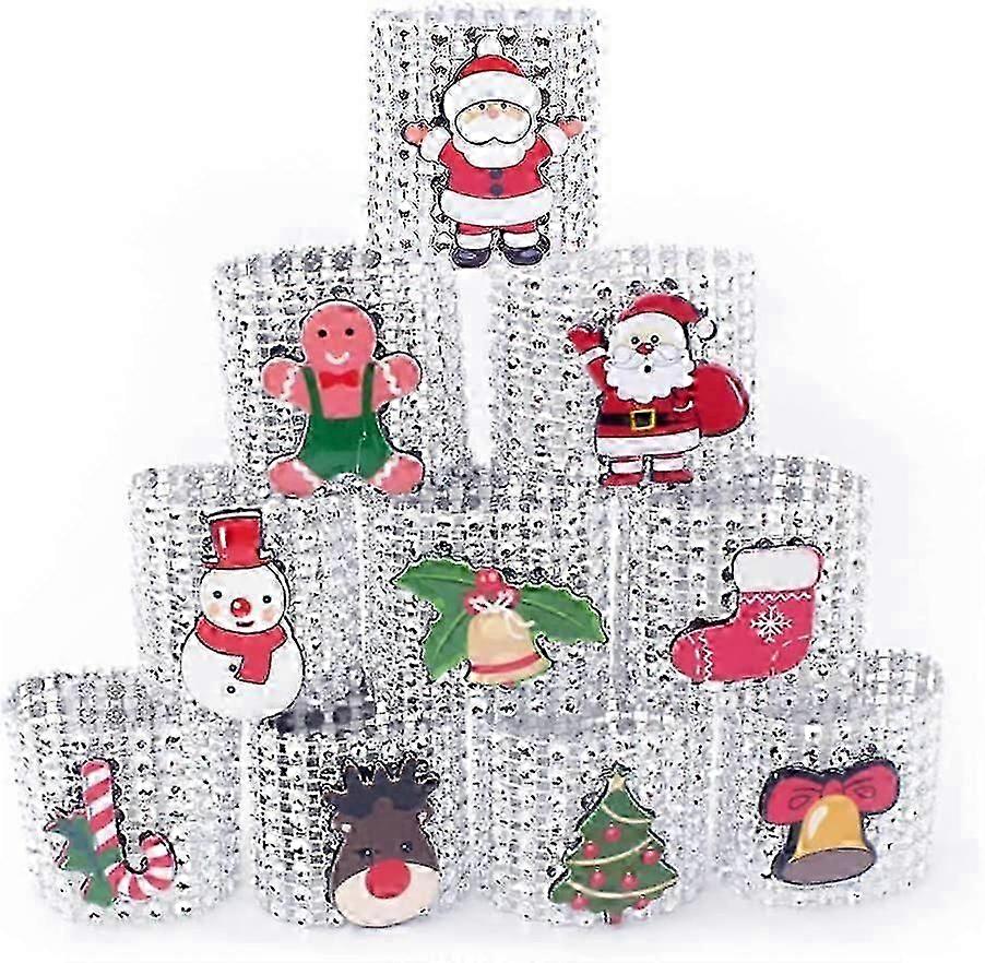 خواتم منديل عيد الميلاد الأنيقة من حجر الراين، طقم من 10، فضي