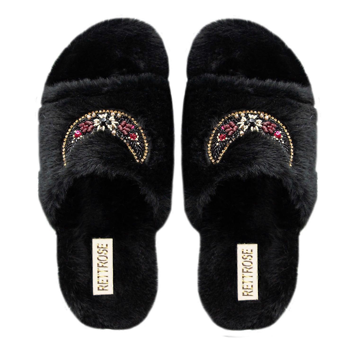 Paisley black luxury plush diamanté embellished handmade slipper