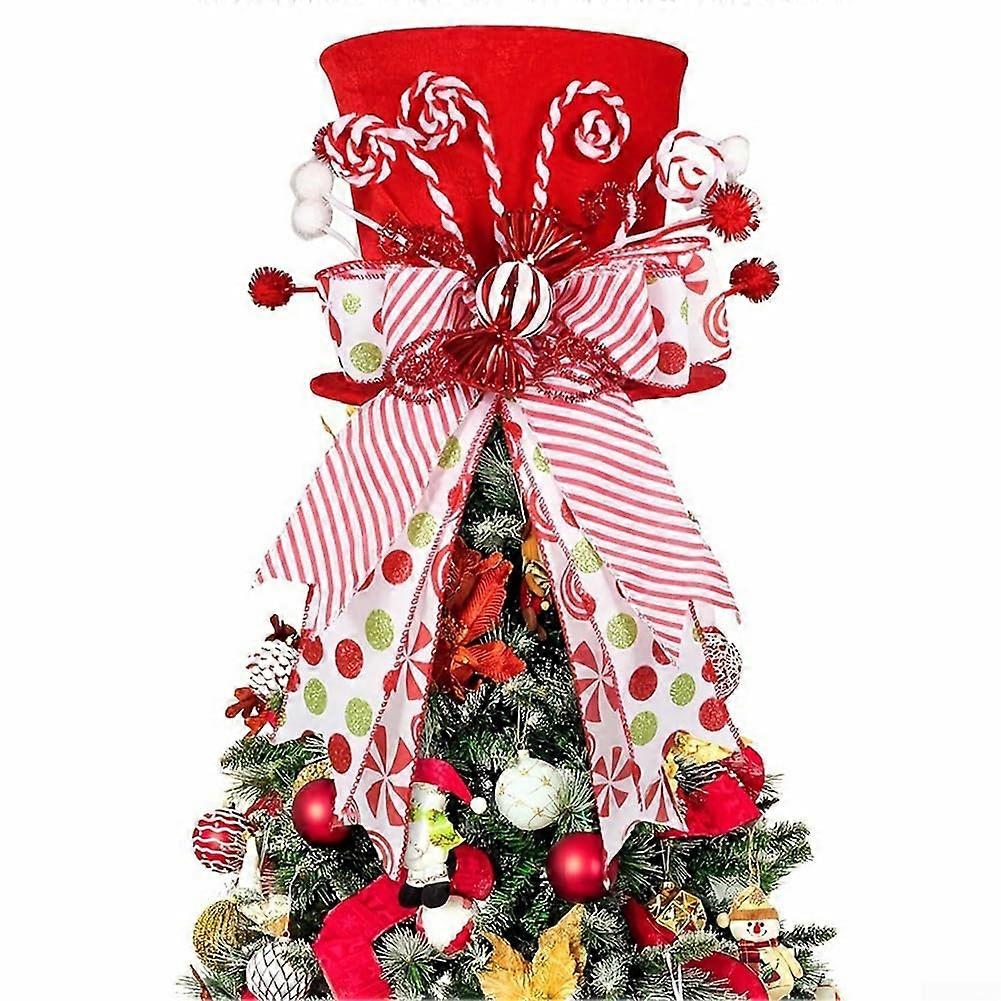 Christmas Tree Topper - Foldable Red Christmas Decoration with Large Candy Bow, Perfect for Holiday Tree Styling