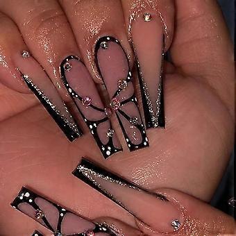 Press on Nails Long Coffin Black Glossy Full Cover Acrylic Extra Long Square