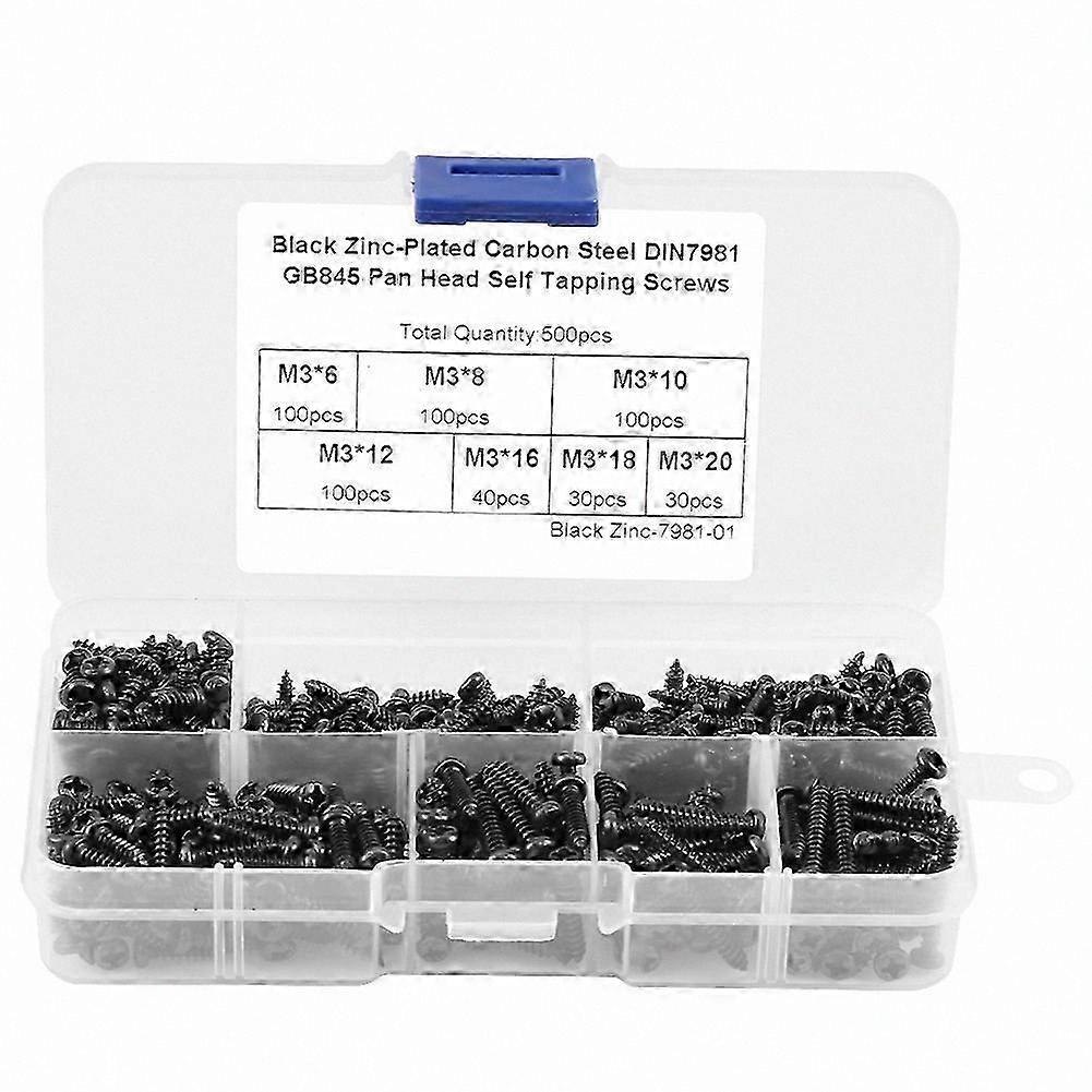 M3 Screws Set 500PCS Cross Drive Button Head Self-Tapping Fastener Assortment with Plastic Box for Carbon Steel