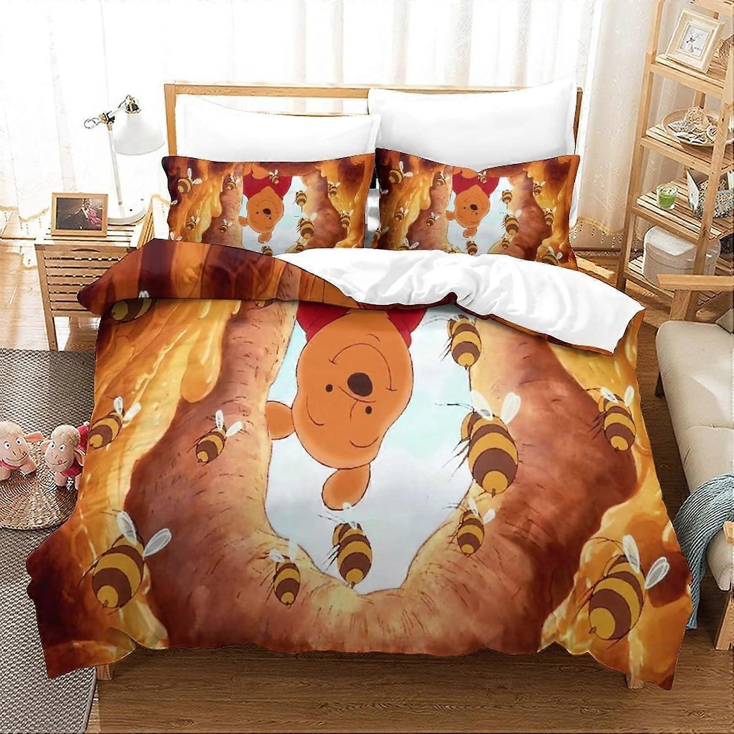 PIN80 Winnie The Pooh Nevresim Erkek Çocuk Yatak Seti Nevresim Kılıfı Mikrofiber Dekor 3D Baskı Hissi ile 3 Parça Set Yorgan Fermuarlı Kapanış