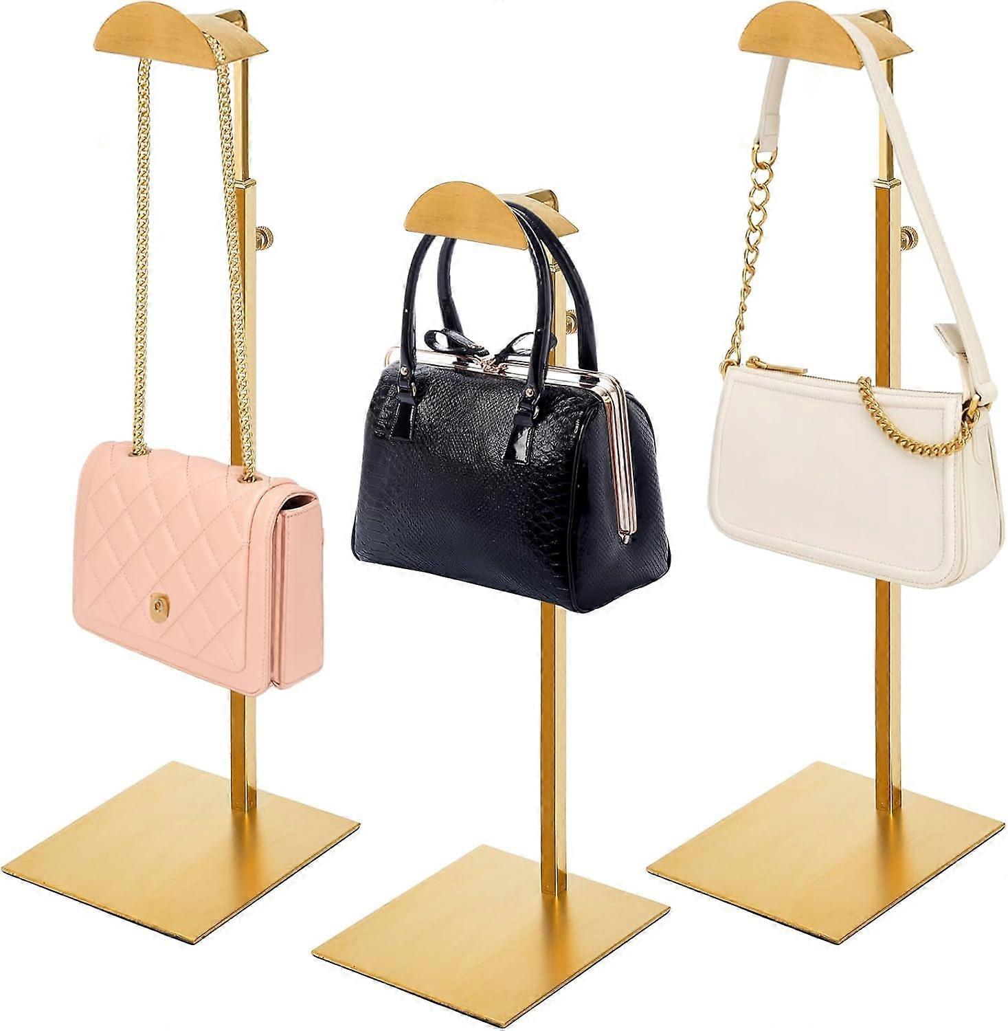 Purse Display Stand Set Of 3, Stainless Steel Gold, Adjustable Tabletop Handbag Holder, Single Hook Jewelry Display Stand