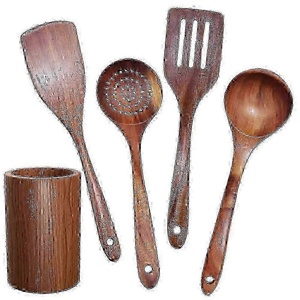 Teak Wooden Tableware Set with Stand, Compatible with Non-Stick Cookware