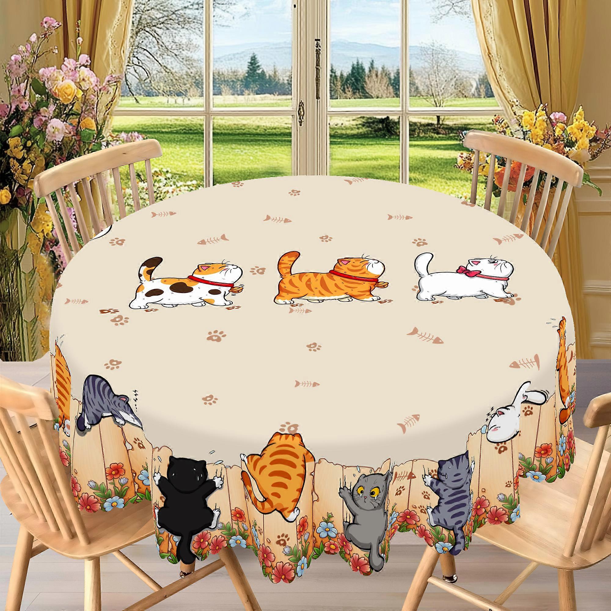 1 Piece of Cute Cat Round Tablecloth, 5 Sizes Available, Cute Cartoon Cat Pattern Printed Desk Tablecloth, Edge Embossing Process, Courtyard