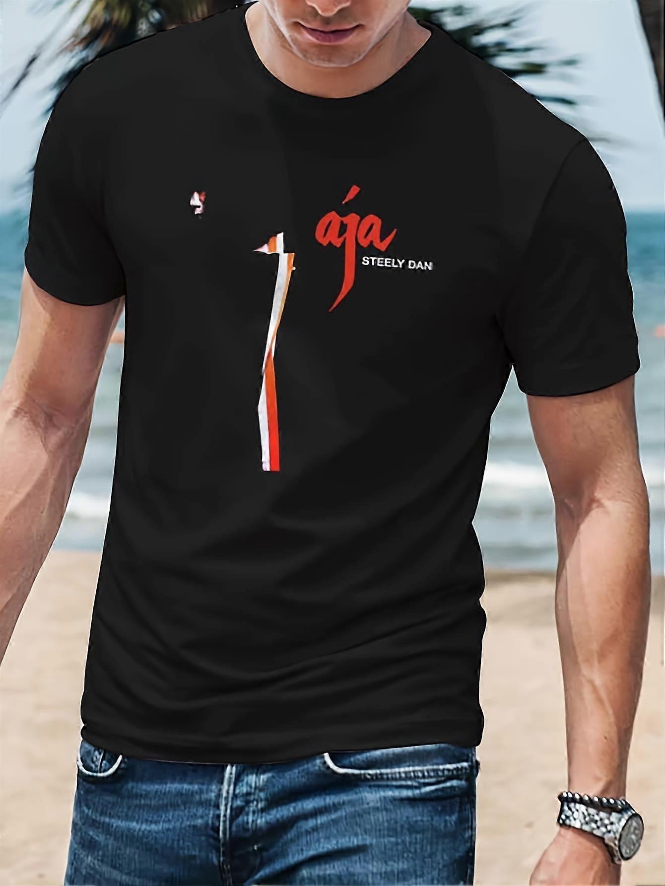 تي شيرت Steely Dan Aja Album Graphic للرجال - 100٪ قطن عادي رقبة مستديرة بأكمام قصيرة مع طباعة أحمر وبرتقالي نابض بالحياة ، -SXVNZ51