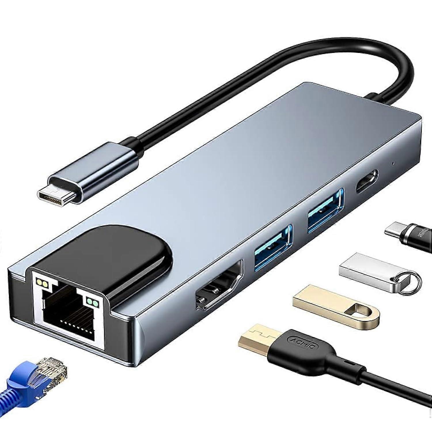 USB 3.0 Hub 5In1 USBC Multiport Adapter With 4K HDMI, Ethernet, 2 USB Ports, PD For MacBook iPad Pro