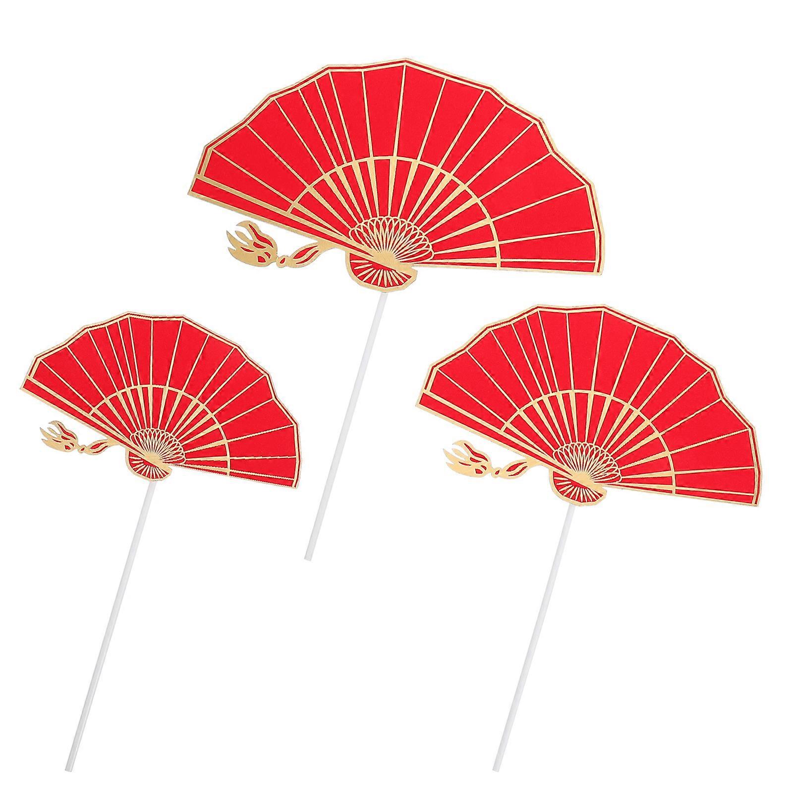 Chinese Style Cake Topper Fan Shape for Decor 5Sets Red Paper Plastic
