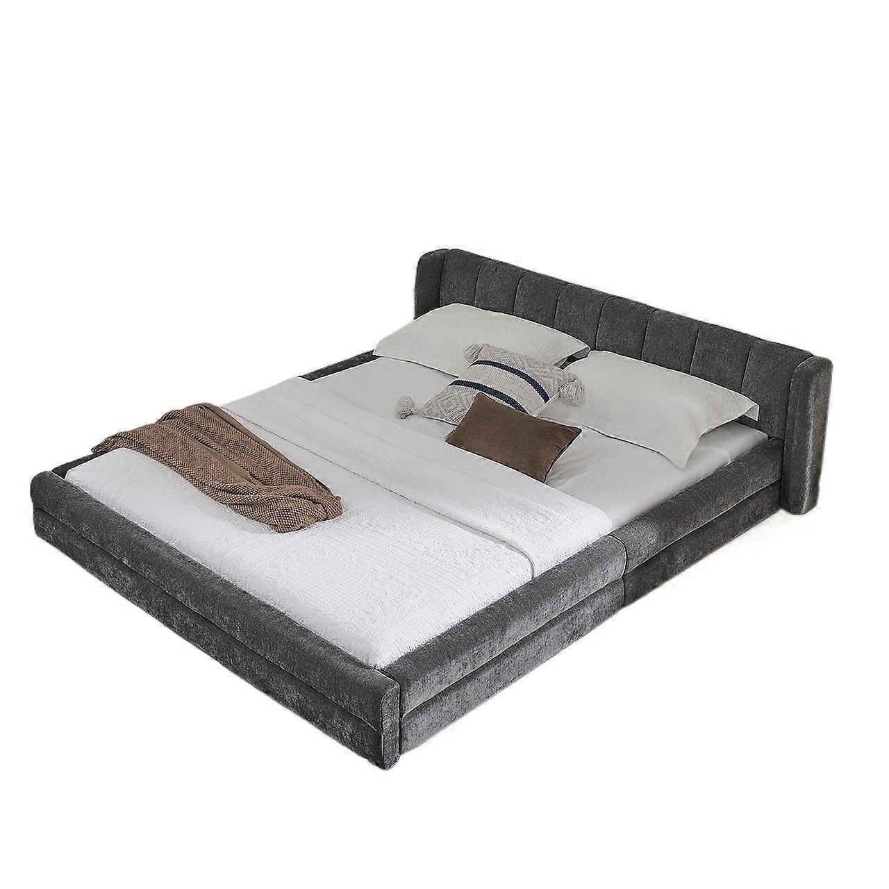 Double Bed 140x200cm Chenille Fabric Comfortable Backrest Dark Gray No Mattress