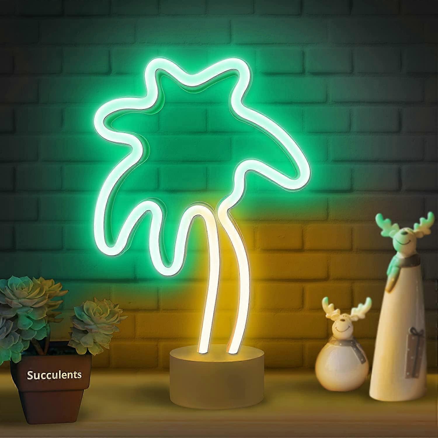 Tree LED Lights Neon Signs Coconut Tree Neon Light for Bedroom Desktop Tabletop Decor Tree Lamp with Stand Green&Yellow Led Sign