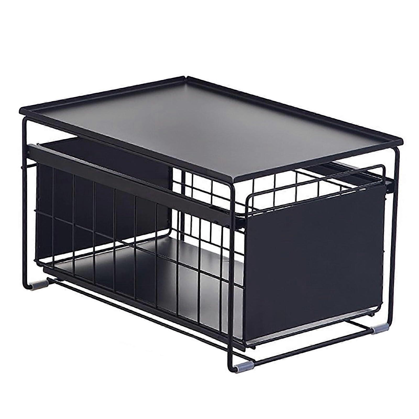 Under Sink Storage Rack with PullOut Organizer for Kitchen & Bathroom, Durable Black Metal Countertop Shelf