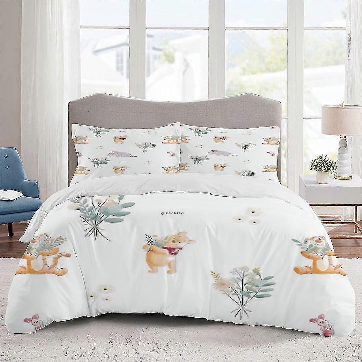 V1697 Conjunto de cama Ursinho Pooh com desenho animado, capa de edredom leve, 3 peças, conjuntos para crianças, meninos e meninas (1 capa de edredom e 2 fronhas)
