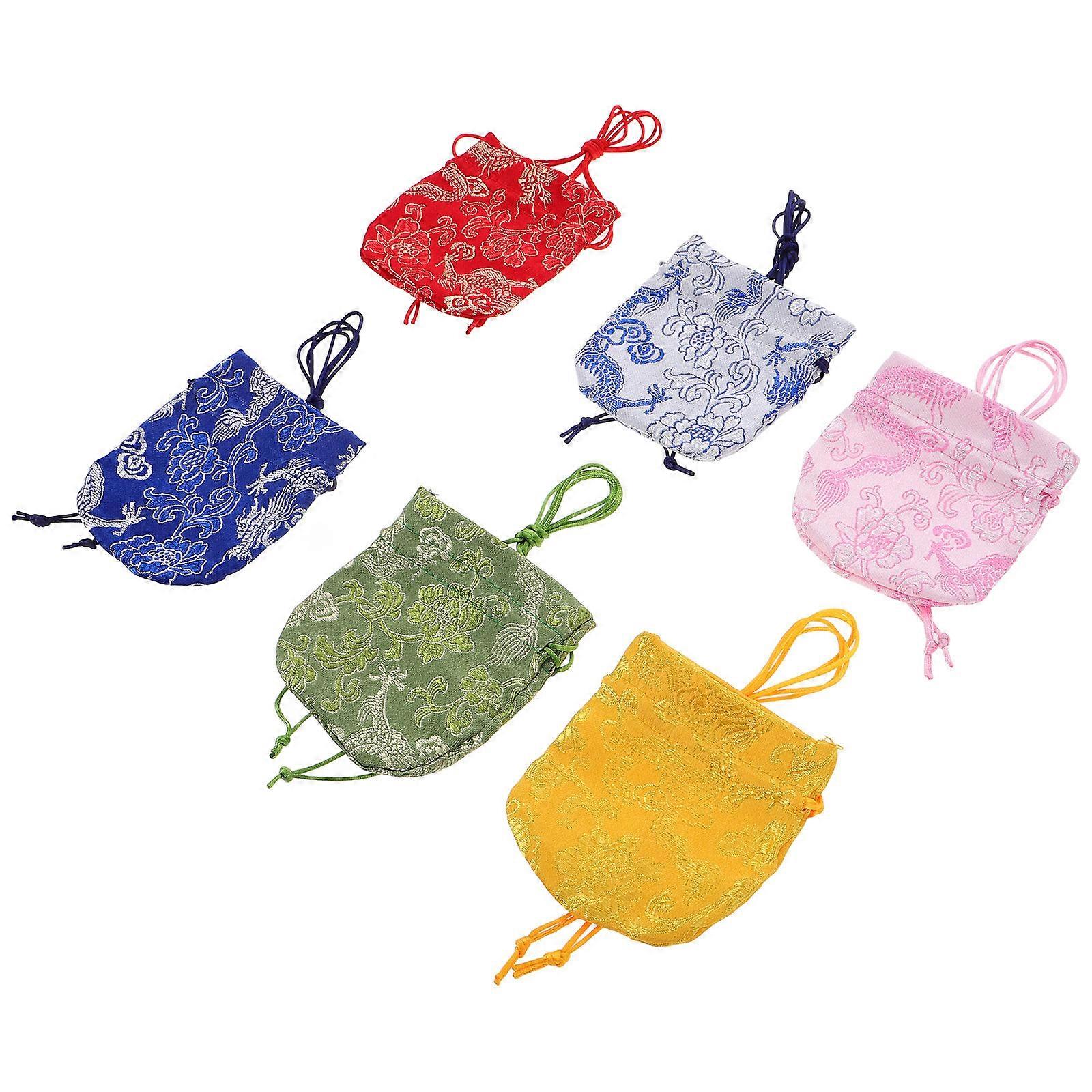 Multi Color 6Pcs Embroidered Jewelry Pouches for Storage with Drawstring Closure