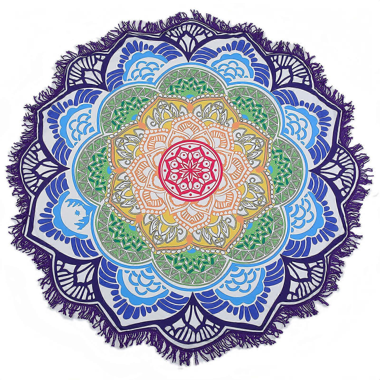 59 Inch Lotus Rainbow Mandala Round Beach Towel with Tassel Fringe, Soft QuickDry Microfiber