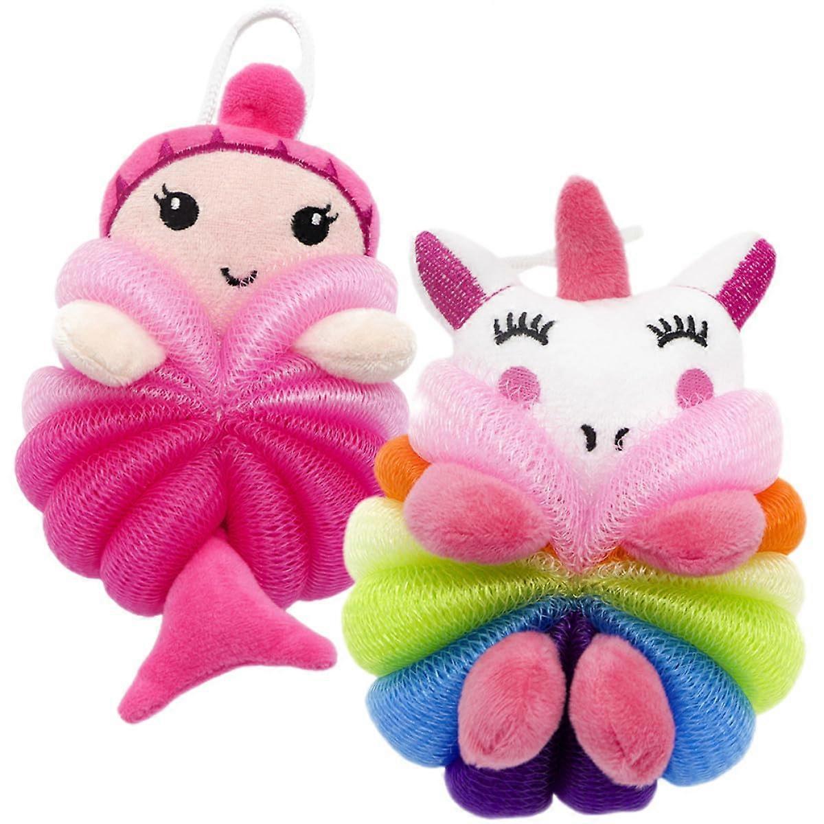 2pcs Bath Body Scrubber Balls Cute Mermaid Unicorn Design Soft Exfoliating Bath Sponge for Deep Cleansing
