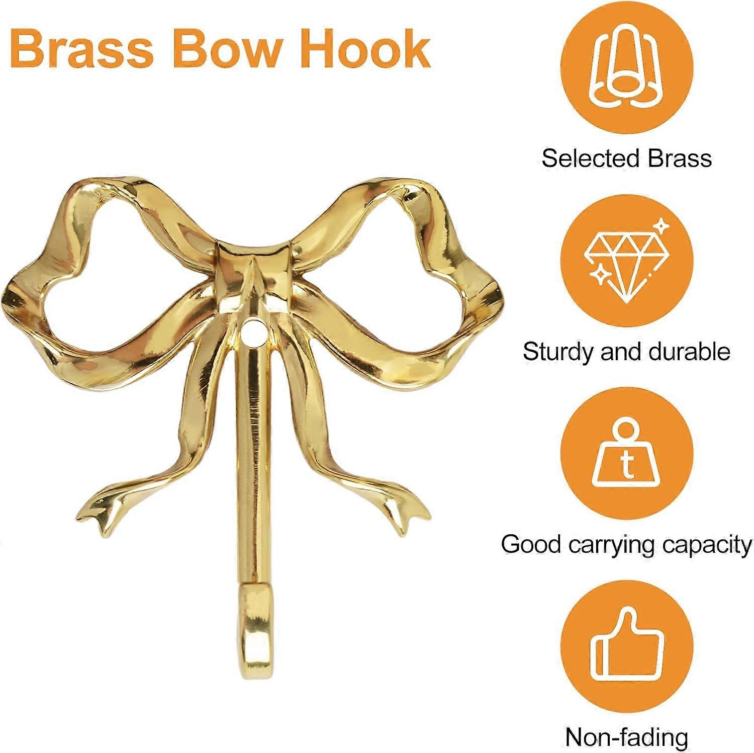 Brass Wall Hooks Gold Bow Design, 2PCS Decorative Coat and Key Holders for Home Office Nursery