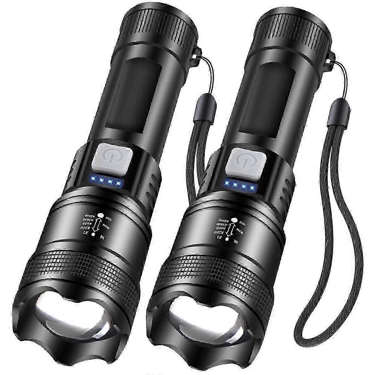 Rechargeable LED Flashlight 2-Pack, 4 Modes, Waterproof, Zoomable Focus, Power Display