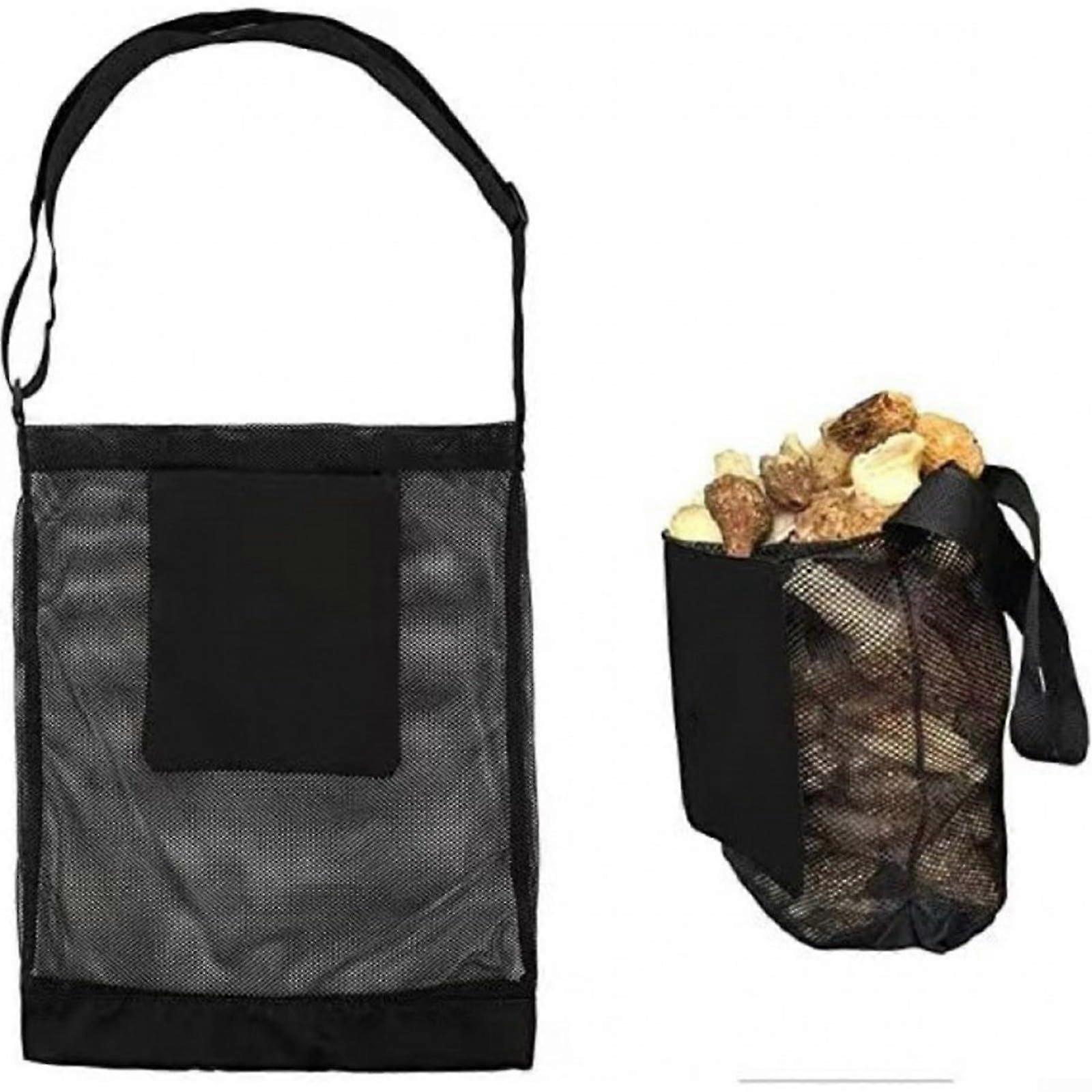 Foldable Large Capacity Mushroom Foraging Mesh Bag with Adjustable Strap and Storage Pocket Black