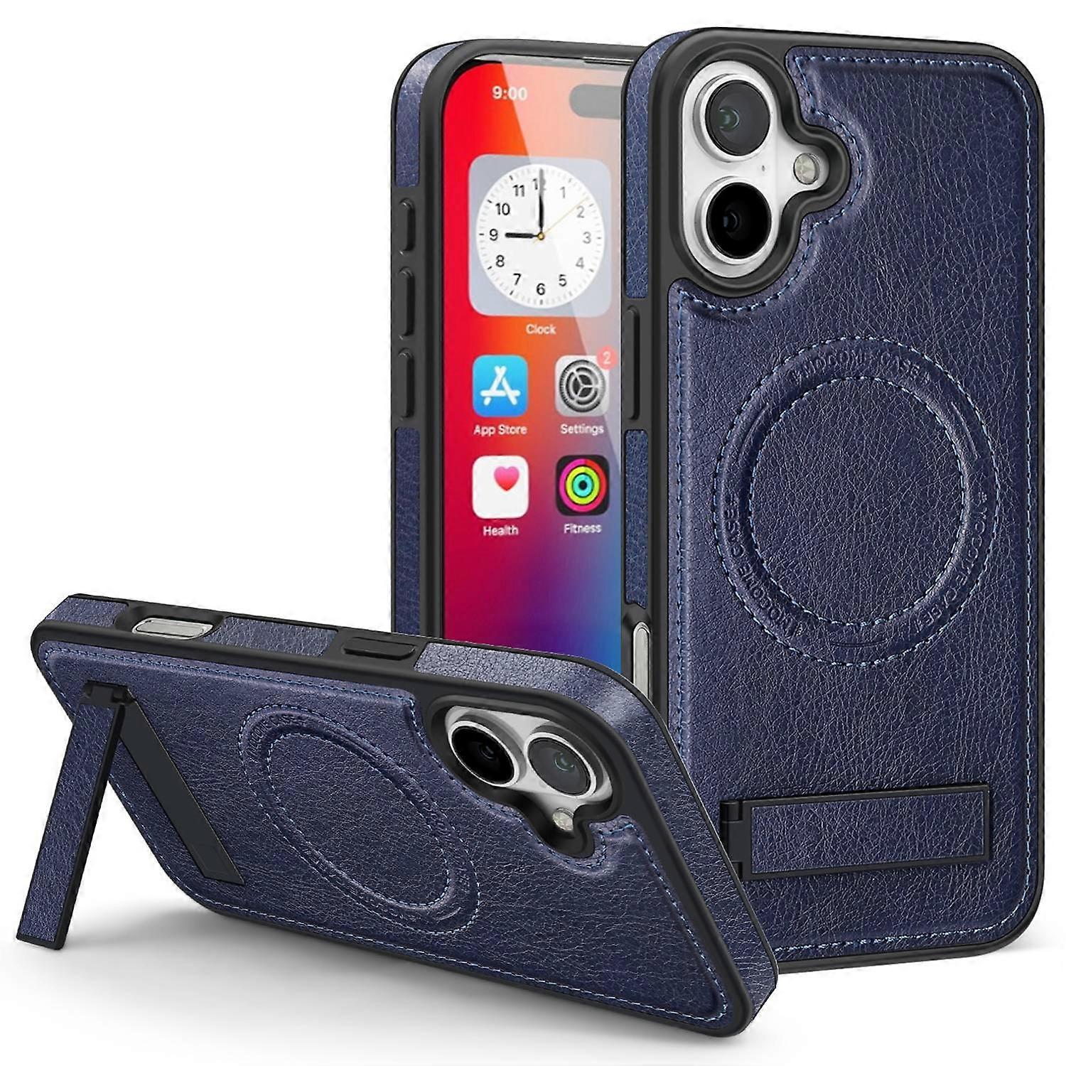 For iPhone 16 Plus Case Compatible with MagSafe Kickstand Leather Phone Back Cover 