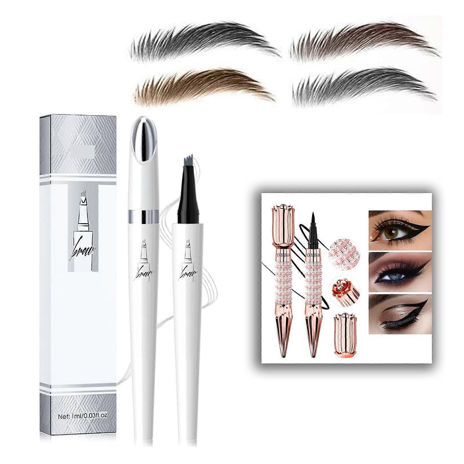 Waterproof Microblading Eyebrow Pencil 4Tip Precision Natural 3D Brow Pen Light Coffee 2pc