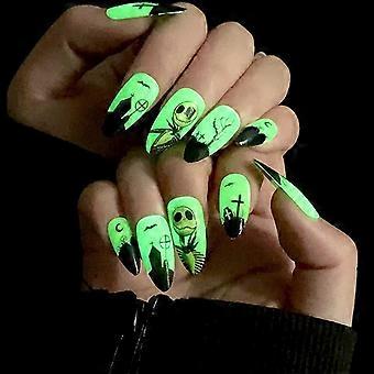Halloween Press On Nails Green Black French Tip Ghost Design Medium Almond Fake Nails 24 Pcs