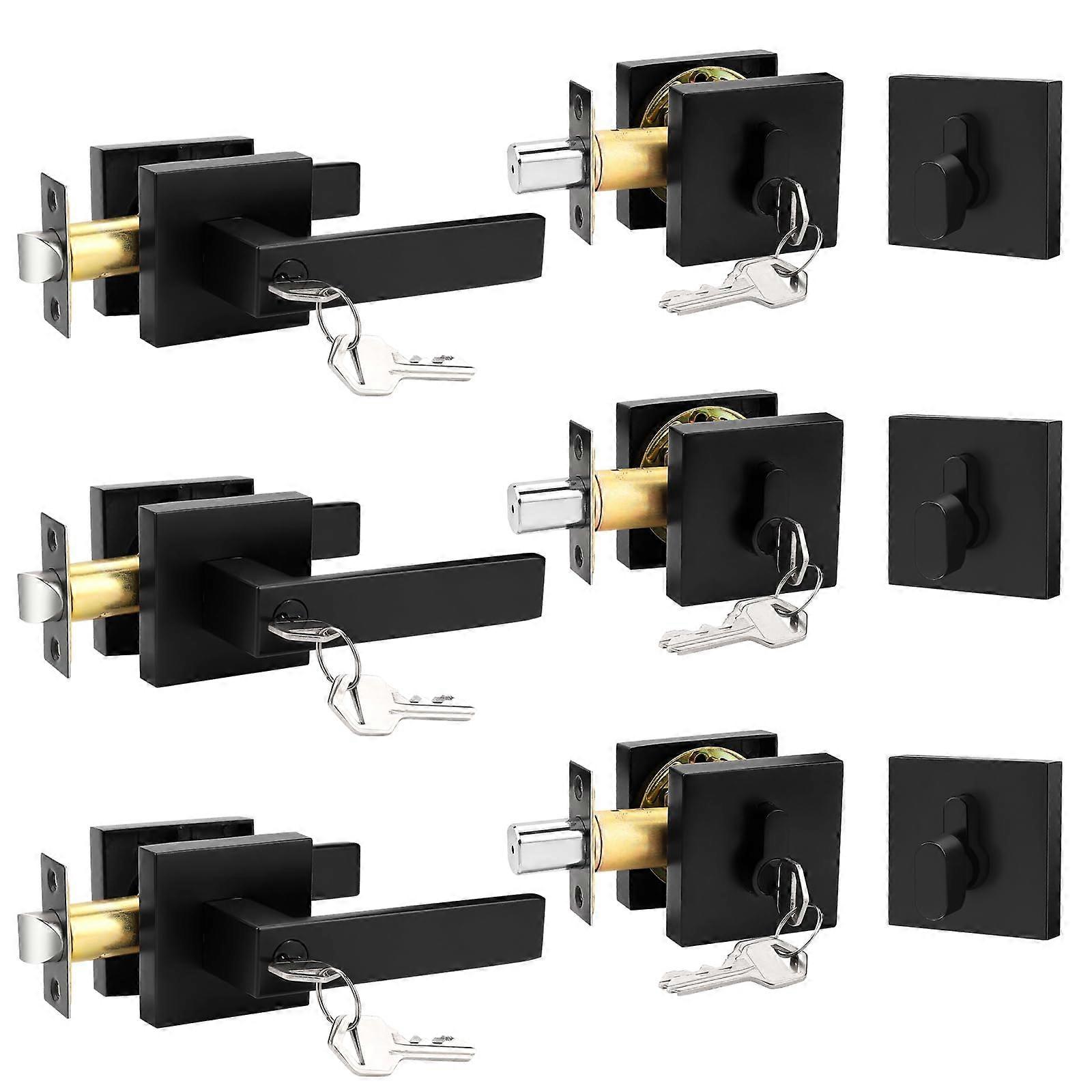 Matte Black Exterior Door Lock Set with Deadbolt, Keyed Alike Front Entry Handle 3 Pack