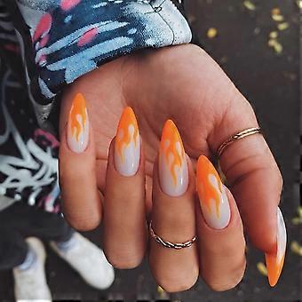Almond Shape Press On Nails 24pcs Medium Length Acrylic Flame Design Reusable with Glue Tabs