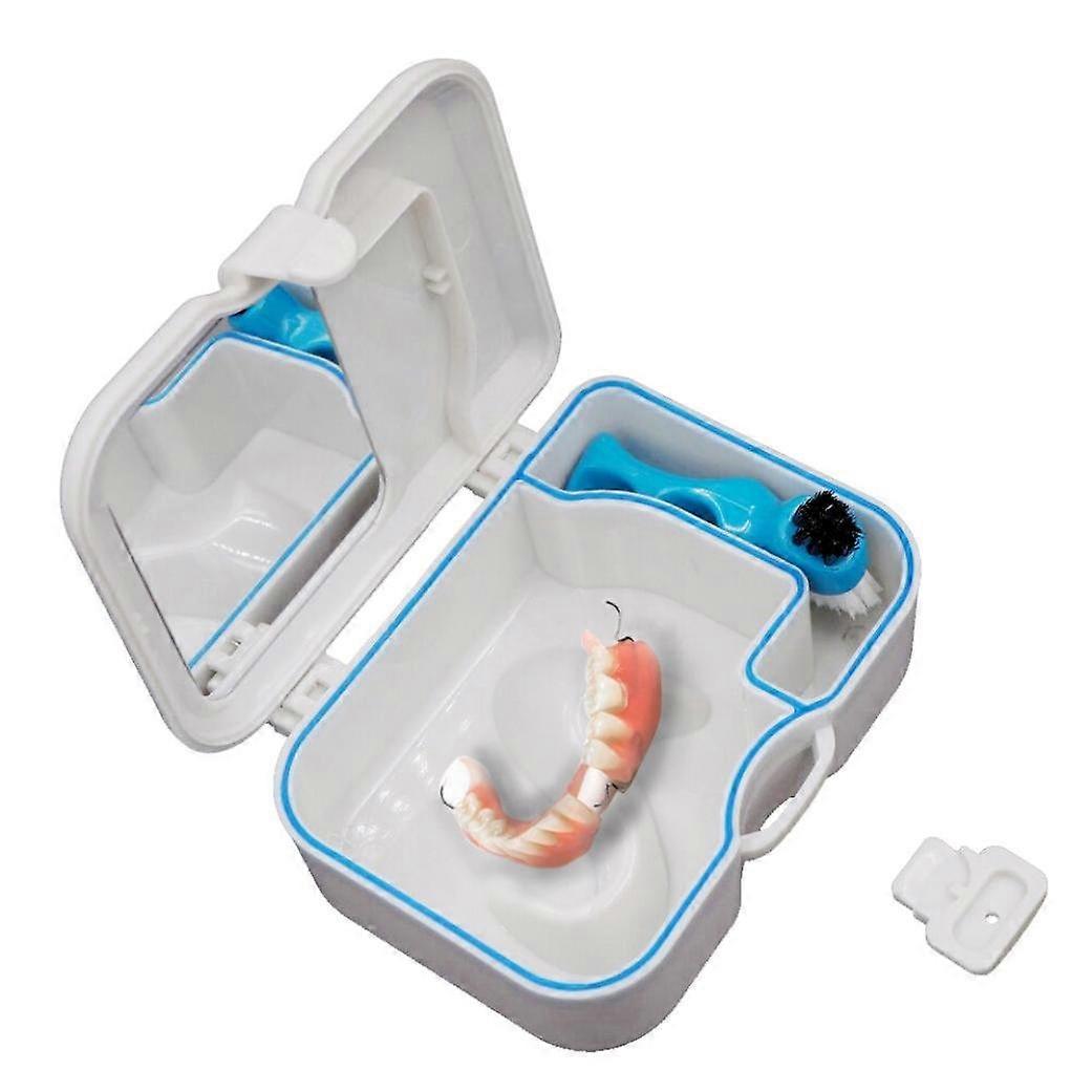 Denture Storage Case with Mirror and Cleaning Brush for False Teeth, White Travel Holder