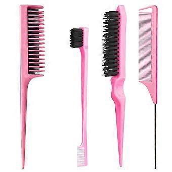 Hair Brush Set, Pink, 4 Piece, Three-Row Teasing Comb, Edge Brush, Rat Tail Comb for Women and Girls Styling