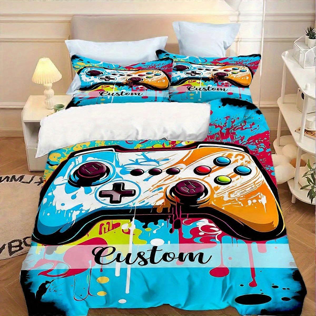 Customizable 3pcs Game Controller Printed Bedding Set, Breathable Soft Microfiber with Splatter Drip Pattern, Personalized Custom Text, All-Season Use