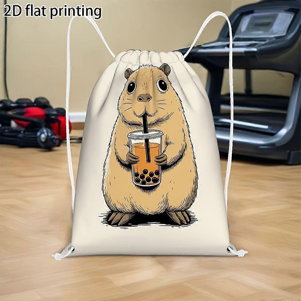 1pc, Vibrant Capybara Bubble Tea 2D Flat Print Drawstring Backpack - Adjustable Drawstring, Machine Washable, Ideal for -Gqazw