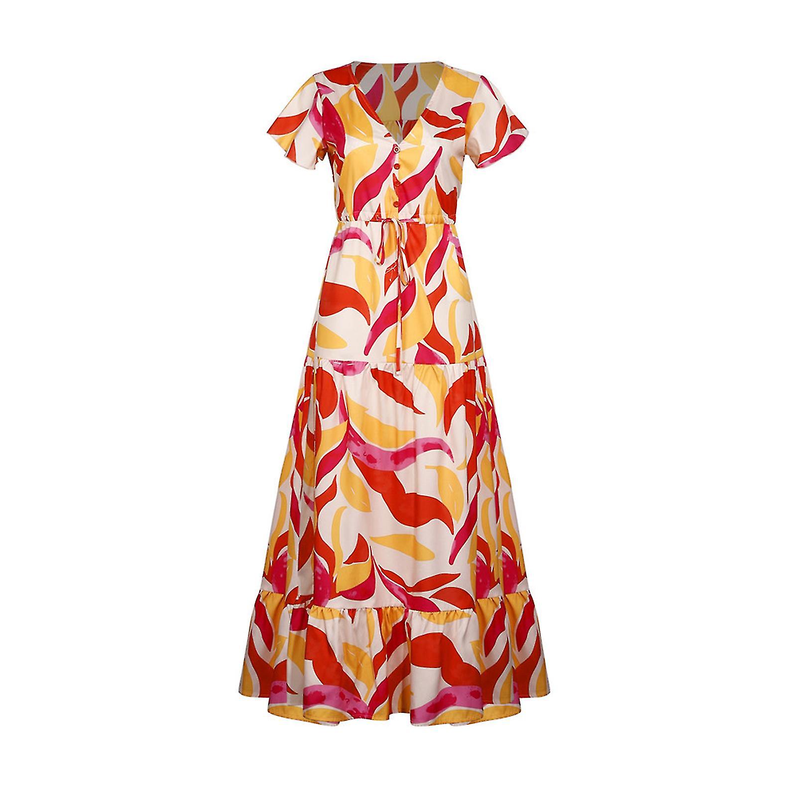 V-Ausschnitt geblümt Schnürknopfkleid Sommer Kurzarm Langkleid für Frauen