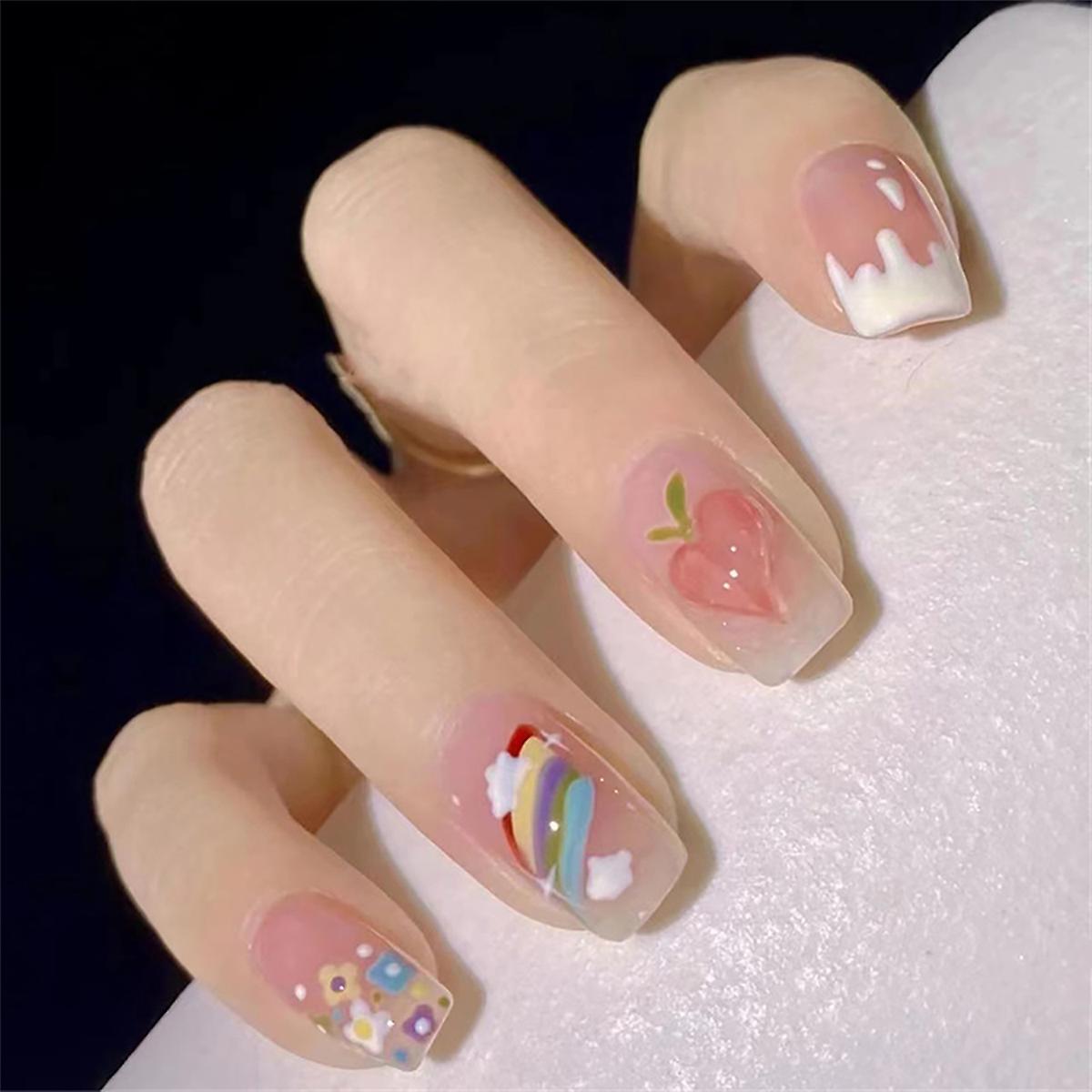 24pcs False Nail Translucent Pink Peach Lasting Fingernail Sticker