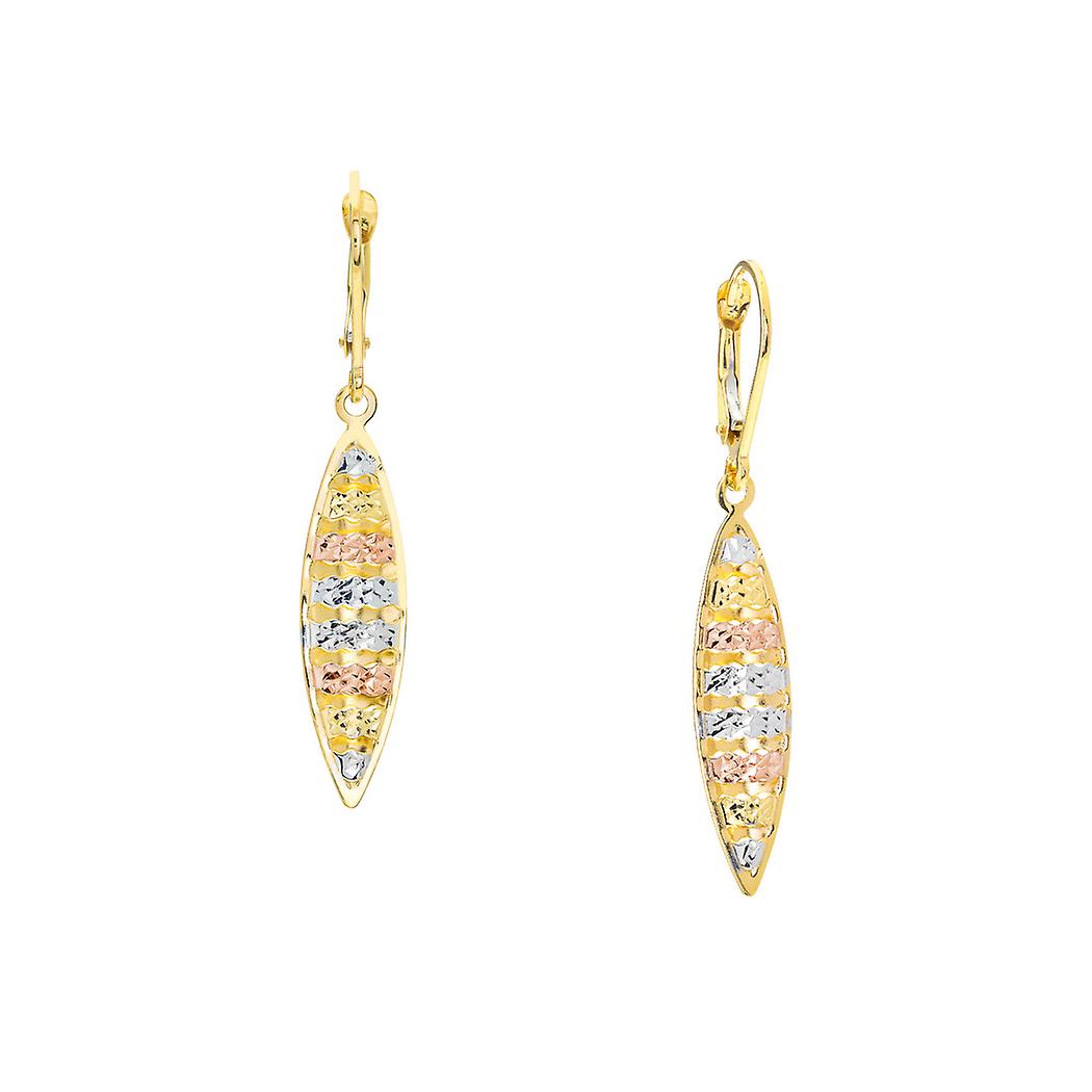 10k Yellow White and Rose Gold Marque Shaped Horizontal Sparkle Cut Stripe Long Drop Dangle Earrings-Dangle Earring for
