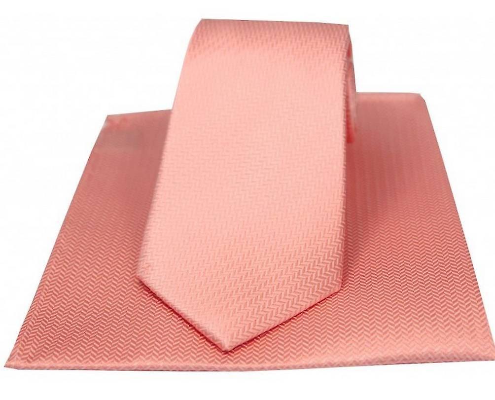David Van Hagen Herringbone Silk Tie and Pocket Square Set - Pink