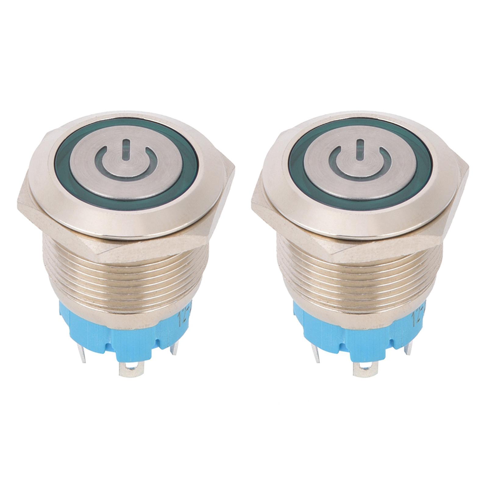 2PCS Green 19mm Push Button Switch - IP65, 4-Pin, Stainless Steel, Light, 12-24VDC
