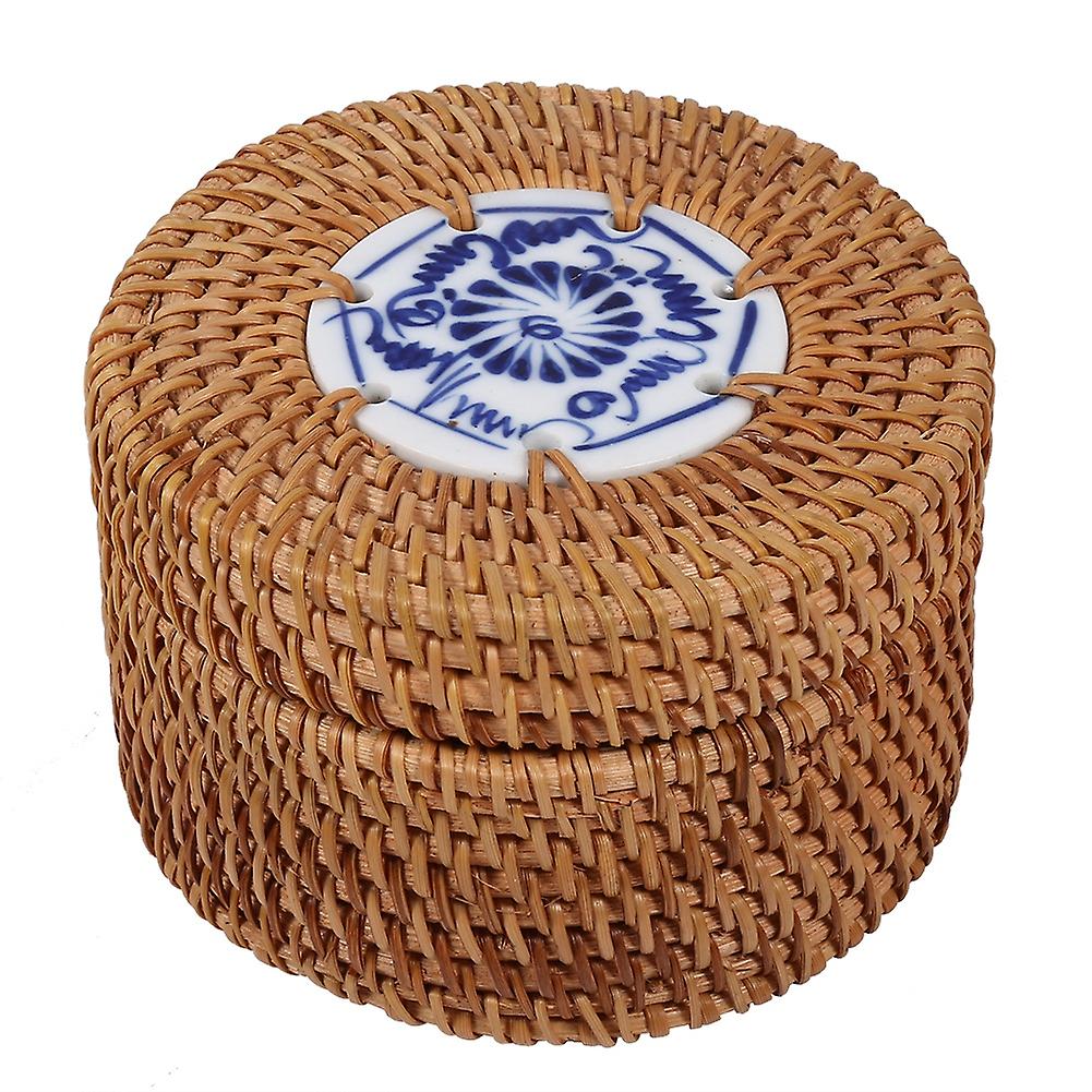 Vintage Rattan Storage Box W\/ Lid Round Handmade Jewelry Organizer Container Case Ceramic Style