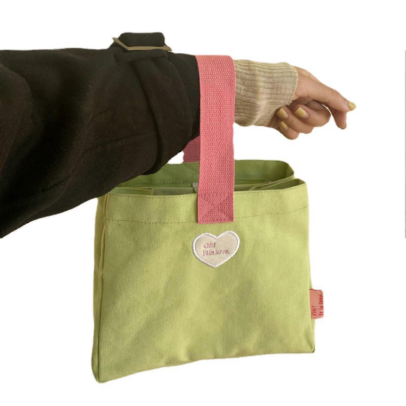 Bento Bag Heart Letter Embroidery Pattern Inner Pocket Storage Button Canvas Material Portable Lunch Box Bag Green