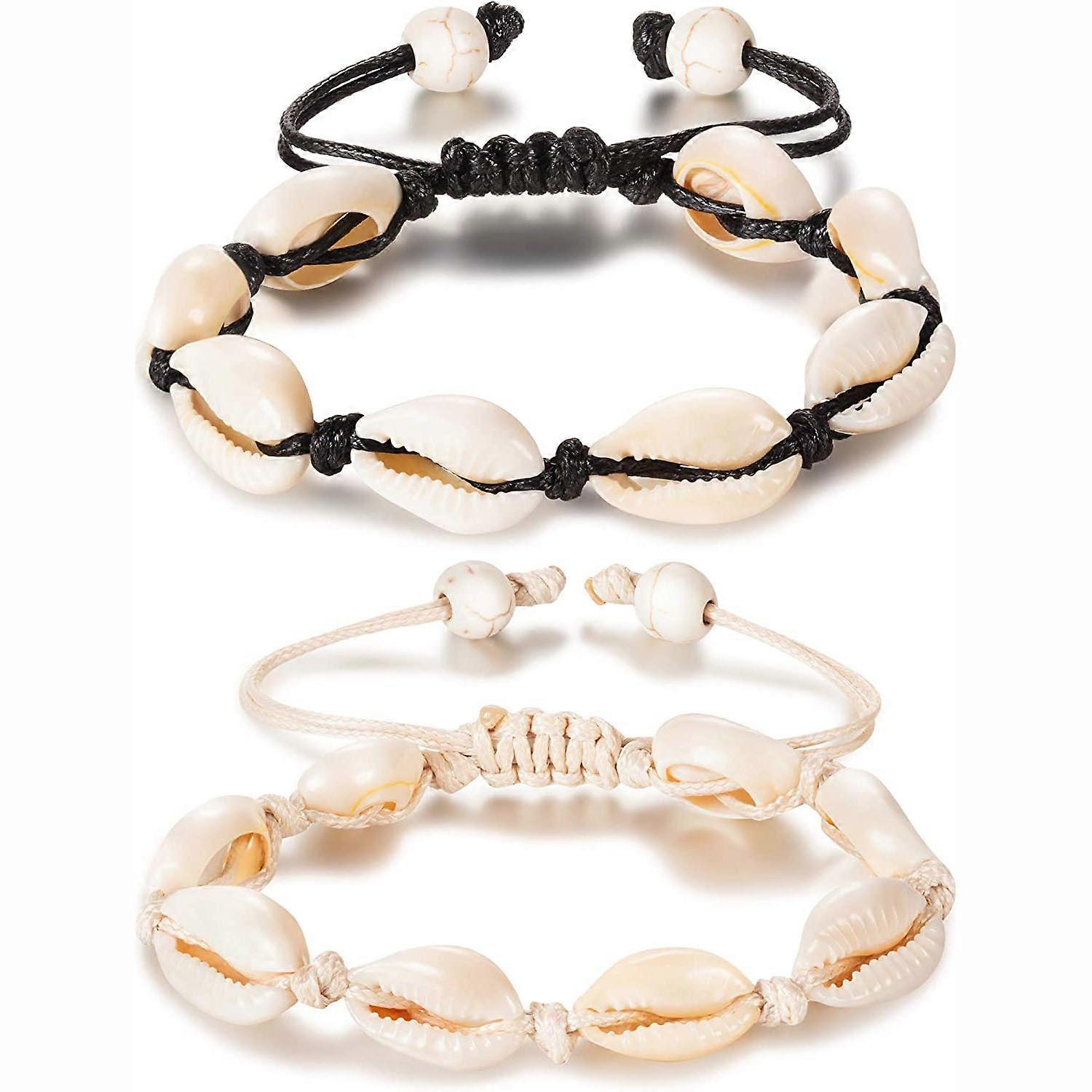 2pcs Natural Shell Anklet Handmade Beach Footwear Adjustable Boho Beaded Anklet for Ladies and Girls, Shell