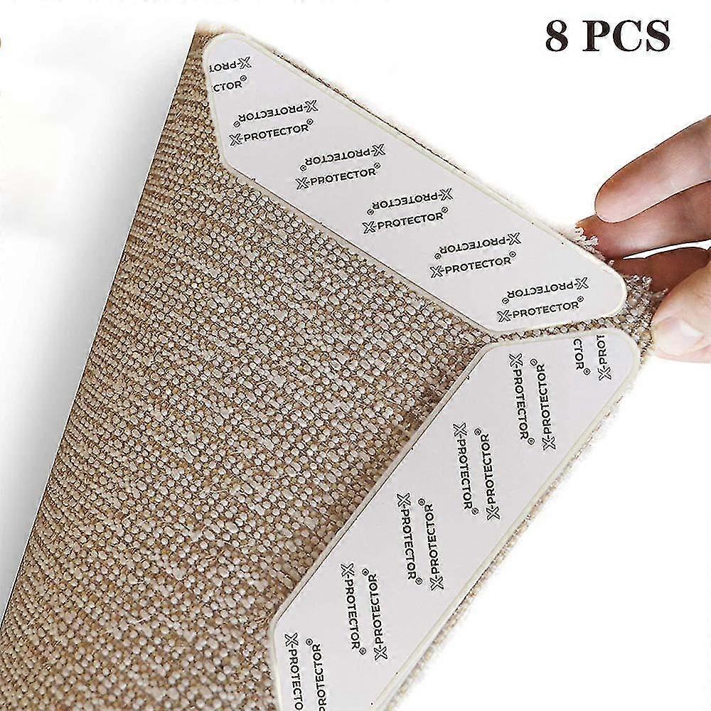 Rug Tape, 8pcs Dual Sided Washable Removable Rug Stopper Grip Your Area Rug, Non Slip Adhesive Prevent Curl For Hardwood Floors Grip Carpet Corners