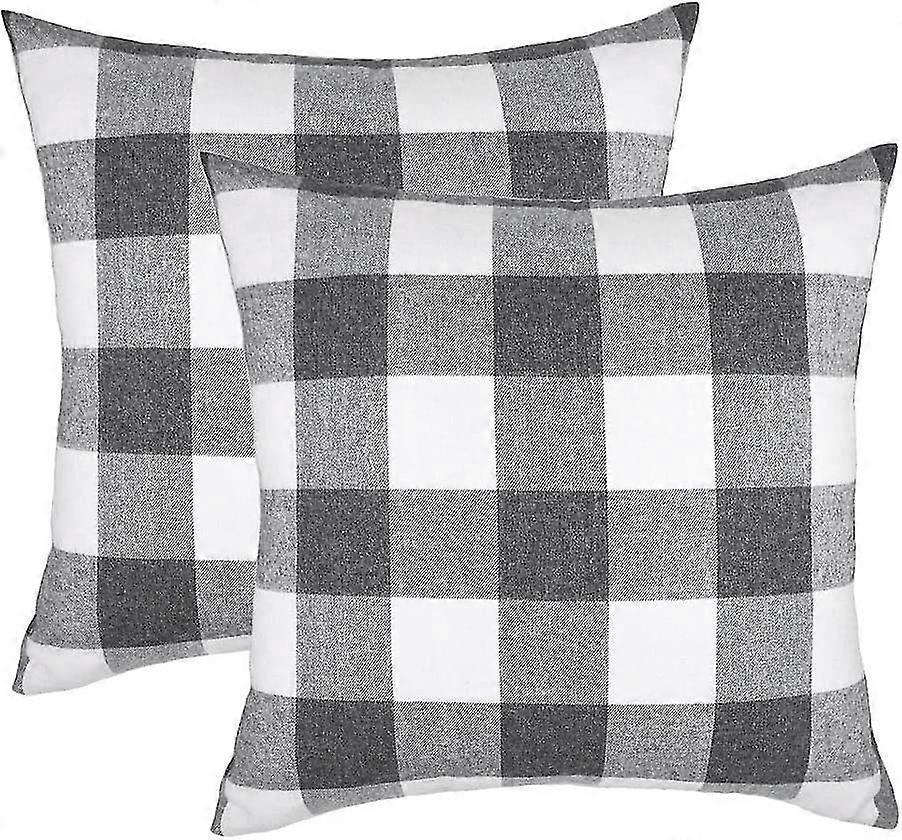 Set Of 2 Check Plaid Throw Pillow Covers Cushion Case For Sofa Grey And White, 16 X 16 Inches