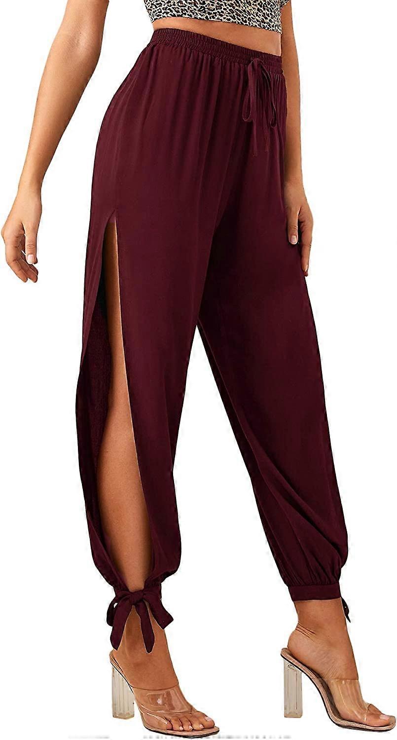 Women's Elastic High Waisted Split Side Knot Hem Pants S-2XL