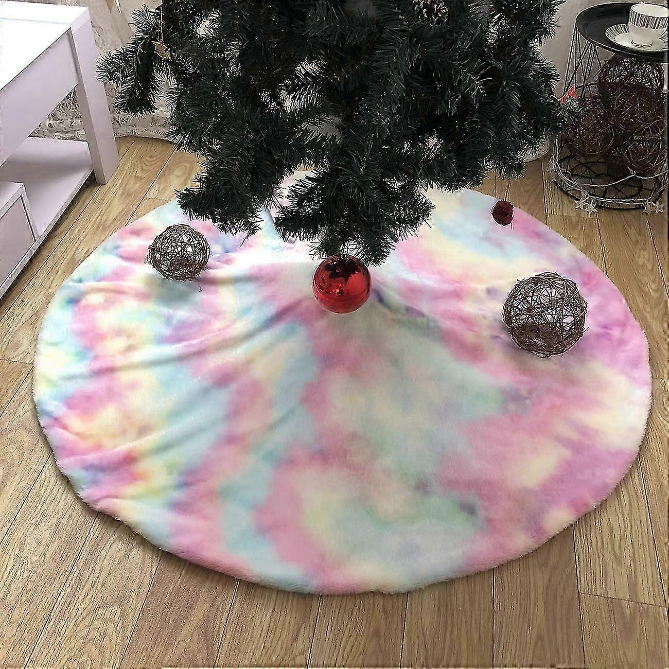 Plush Tree Skirt for Christmas Decoration, Large and Fluffy Christmas Tree Skirt with Simple Design.White with Color Pattern, 35 inches