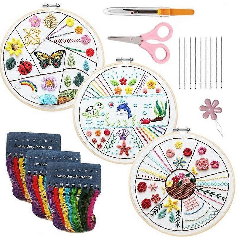 3 Sets Embroidery Beginner Kits, Embroidery Stitch Practice Kit for Hand Craft Lover, Starters Cross Stitch Kits with Tools & Instruction for Beginner