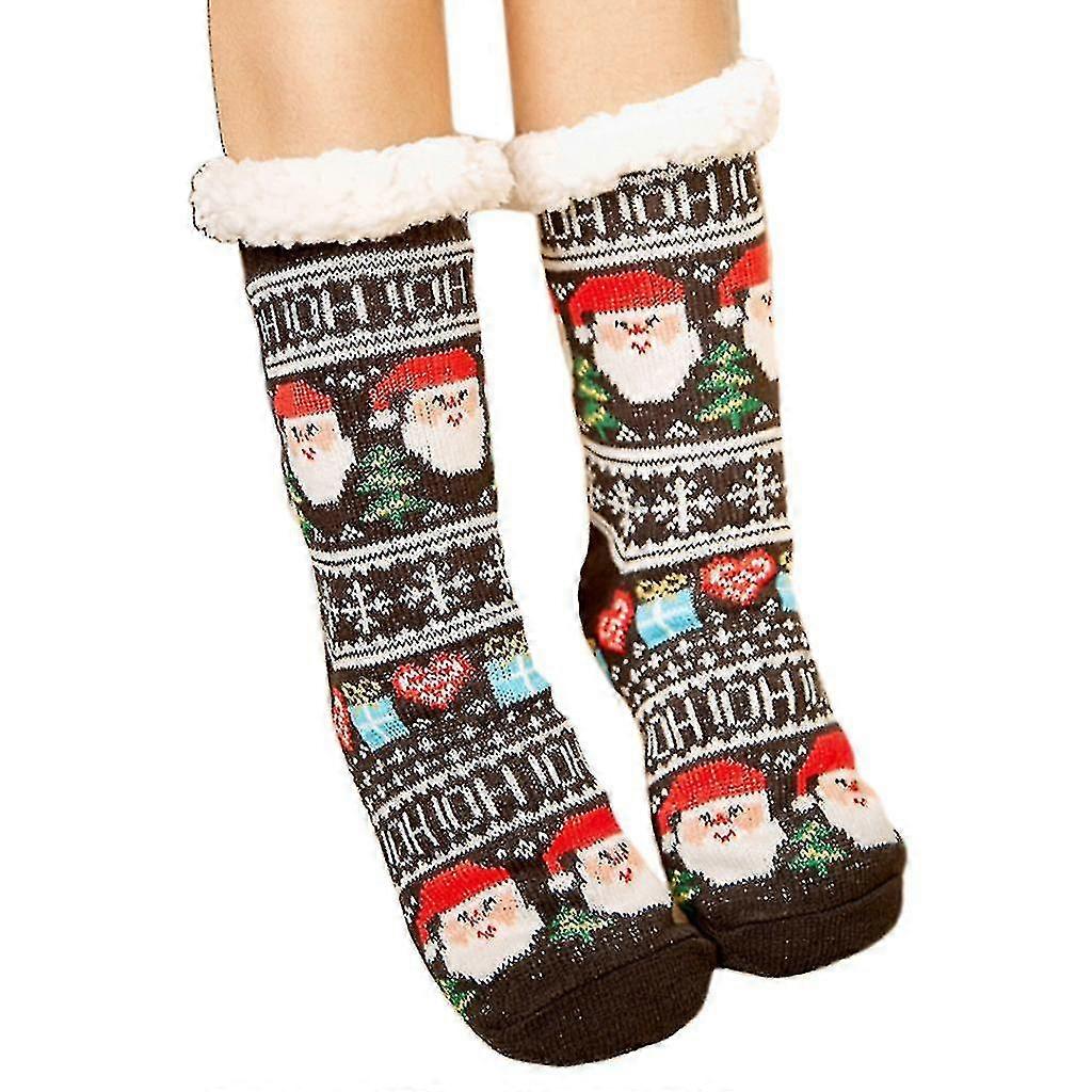 Womens Fluffy P Lined Slipper Socks Santa F Knit Mid Calf Fuzzy Hosiery