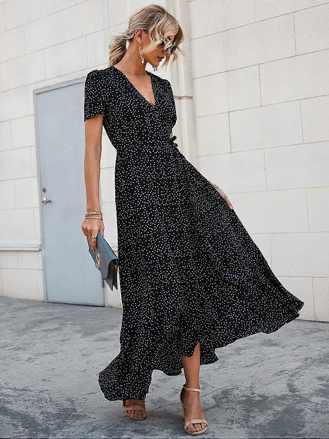 Women's Floral Boho Midi Dress - Wrap V-Neck, Short Sleeve, Ruffle Hem, Flowy High-Low Style - View #2