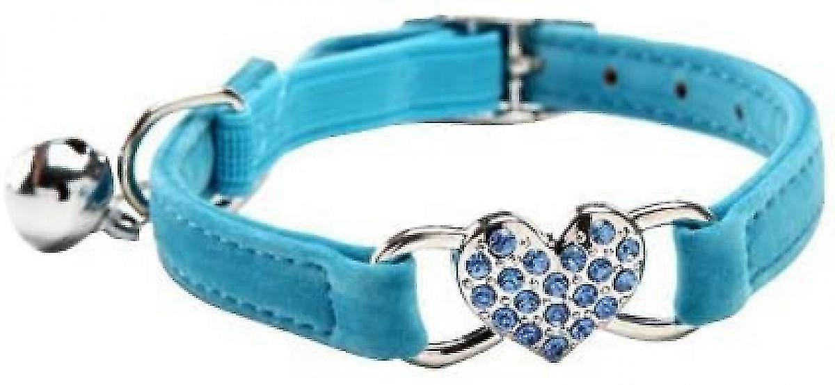 Veeki Soft Velvet Safe Cat Adjustable Collar With Crystal Heart Charm And Bells 8-11 Inches (blue)